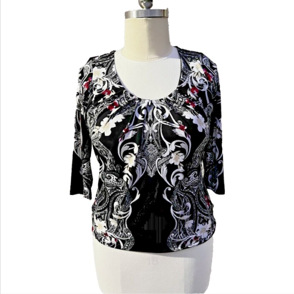 White House Black Market | Black White Wine Scoop Neck 3/4 Sleeve Floral Paisley